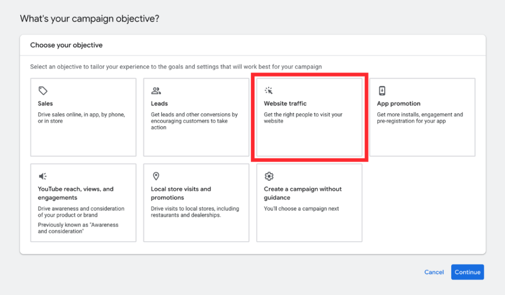 Screenshot of Google Ads campaign setup highlighting the "Website traffic" option for setting up a new brand bidding campaign.