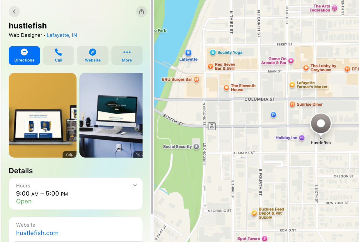 A screenshot of Apple Maps showing Hustlefish, a web design and marketing agency in Lafayette, Indiana, including their contact information and location.